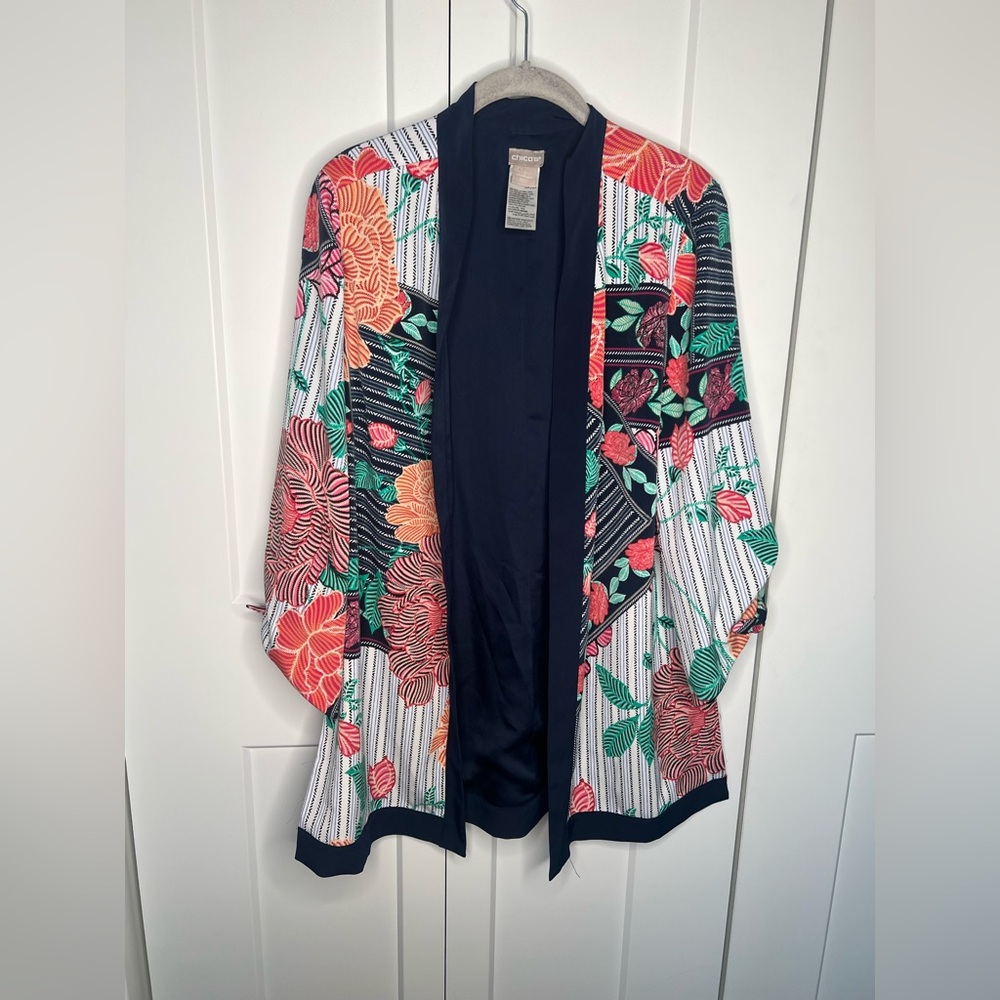 Chico's Floral Tie Sleeve Open Kimono Size 8 10 / Chico’s Size 1